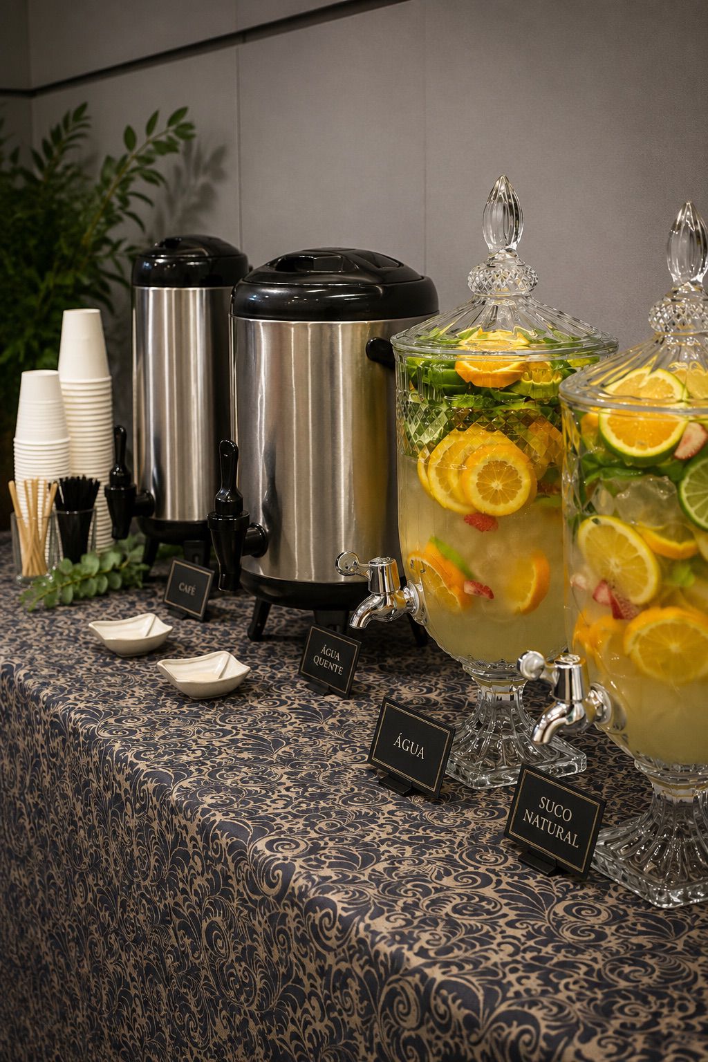 Estação de café, água e suco natural com dispensers de vidro